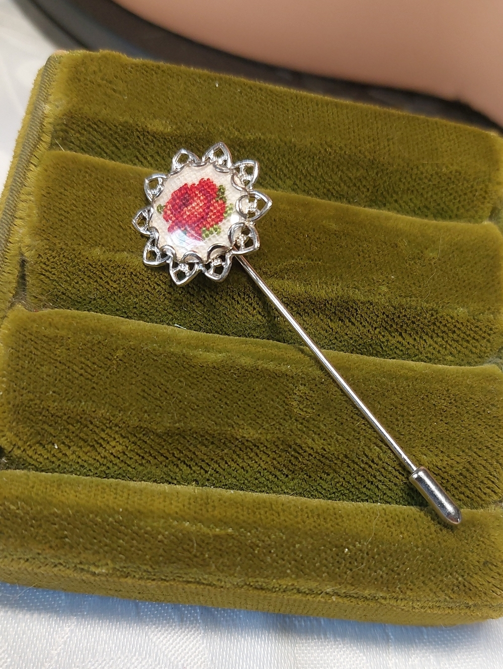 Vintage Petit Point Embroidered Stick Pin Silvertone Red Rose